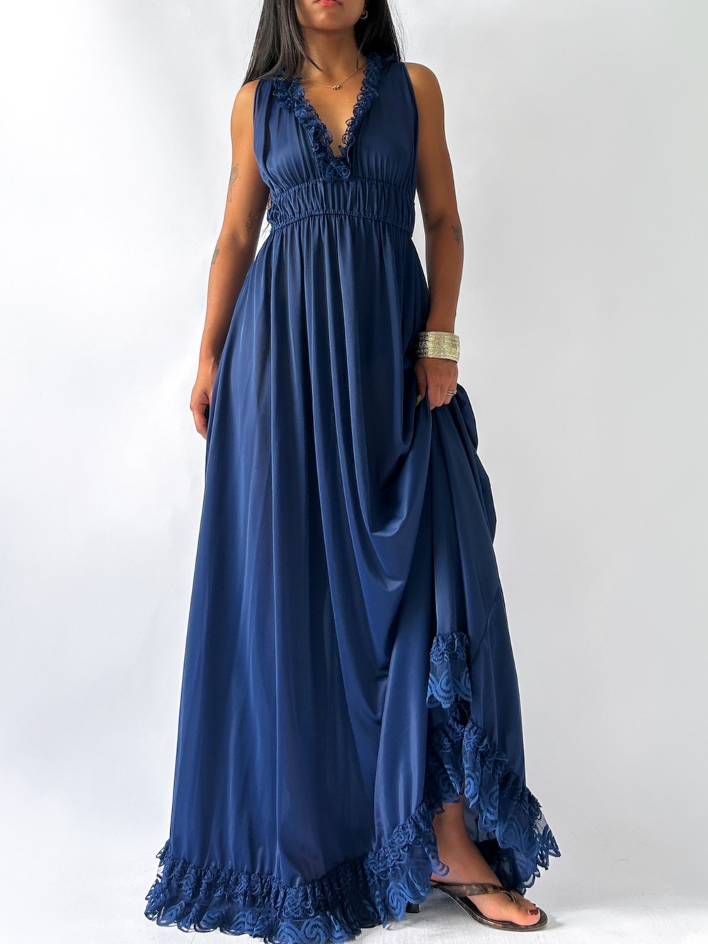 1970s Janice Wainwright Navy Blue Sleeveless Maxi Dress with Lace Trim